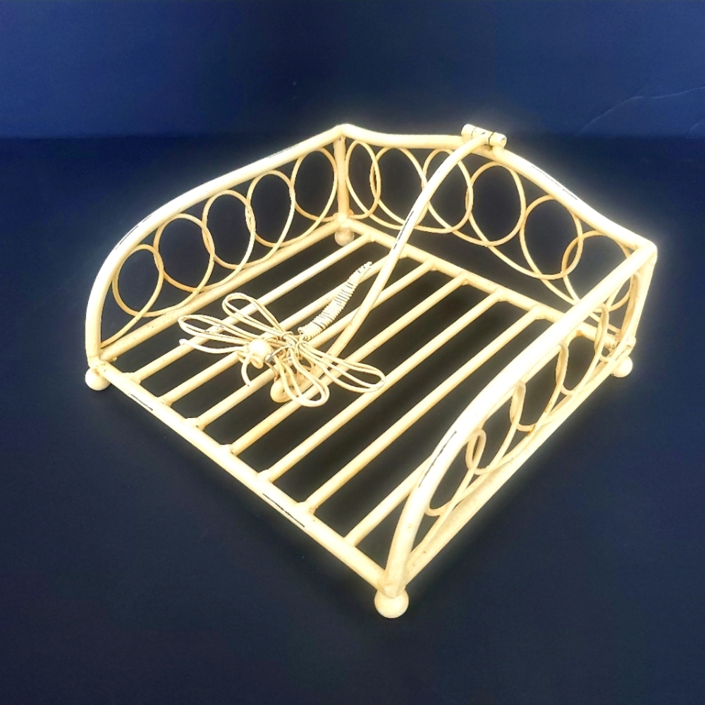 Distressed Cream Metal Napkin Holder with Dragonfly Weighted Arm / Clip